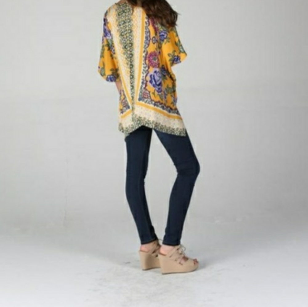 ShortSleeve Purple FloralPrint OpenFont WovenKimono Cardigan Golden - Picture 4 of 16